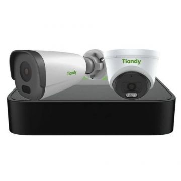 Sistem de supraveghere IP PoE Tiandy, 1 x camera turret 2MP IR 30m Microfon, 1 x camera bullet 2MP IR 50m Microfon, NVR 4 canale PoE