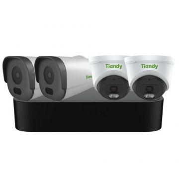 Sistem de supraveghere IP Tiandy PoE, 2 camere Bullet 2MP, 2 camere Turret 2MP, lentila 2.8mm, IR 50m, Microfon, NVR 4 canale, KIT-TN-2MPMIX-PoE