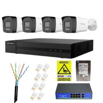 Sistem supraveghere 4k IP Hikvision, 4 camere 8MP Dual Light PoE Microfon Difuzor, NVR 8 canale 4K 8MP, Switch PoE, Accesorii, Hard 1TB + Autocolant Rovision