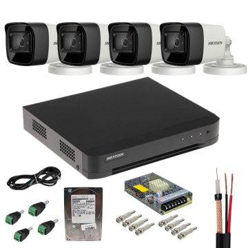 Sistem supraveghere analog Hikvision, 4 camere  8MP, lentila 2.8mm, IR 30m, DVR 4 canale, 8MP, AcuSense, Hard disk 500GB, Accesorii incluse