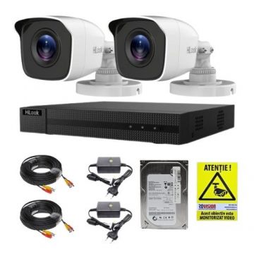 Sistem supraveghere analog Hikvision Hilook, 2 camere 2 MP, lentila 2.8mm, IR 20m, DVR 4 canale 4 MP, hard disk 500GB, accesorii