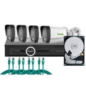 Sistem supraveghere complet exterior Tri-Light Tiandy PoE, 4 x camere 4MP Audio Iluminare duala, NVR 8 canale 6MP