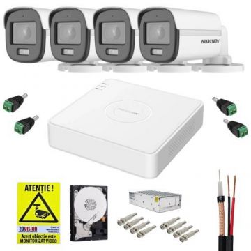 Sistem supraveghere cu functii inteligente Hikvision, 4 camere 5MP 3K, ColorVu, Microfon, Lumina Alba 20m, DVR 4 canale 5MP, Accesorii incluse, HDD 500GB, Autocolant Rovision