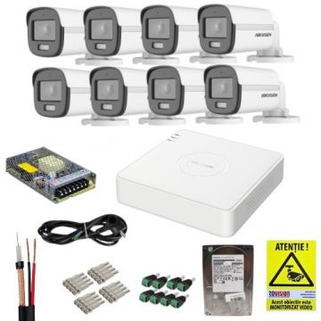 Sistem supraveghere Hikvision, 8 camere 5MP 3K, ColorVu, Lumina Alba 20m,  Microfon, DVR 8 canale cu functii inteligente,  HDD 1TB, Accesorii, Autocolant Rovision