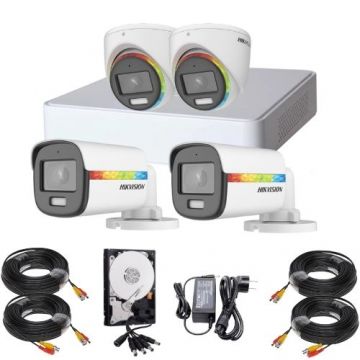 Sistem supraveghere Hikvision ColorVu, 2 x camere exterior 2MP Lumina Alba 20m Audio, 2 x camere interior 2MP Lumina alba 20m Audio, DVR 4 canale 2MP, Accesorii, HDD 500GB