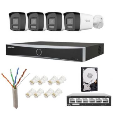 Sistem supraveghere Hikvision Hilook, 4 camere 4K 8MP PoE microfon difuzor, NVR 8 canale 12MP, Switch 4 porturi Poe, HDD 2TB