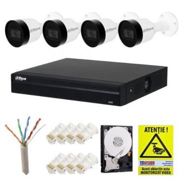 Sistem supraveghere IP Dahua, 4 camere IP 5MP, Microfon, PoE, IR 30m, NVR 4 canale, 8MP 4K, PoE, Accesorii montaj, Hard 1 TB + Autocolant Rovision