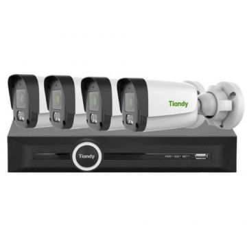 Sistem supraveghere IP PoE Tiandy, 4 camere 8MP Alarma IR 50m Lumina Alba 15m, NVR 5 canale 4K 8MP