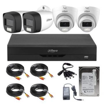 Sistem Supraveghere Mixt Dahua, 2x Bullet 2MP IR + 2x Dome Dual Light 2MP, Microfon Integrat, DVR 4 Canale, HDD 500GB, Accesorii