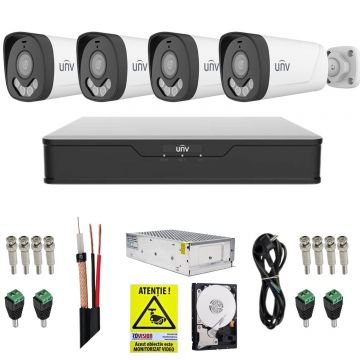 Sistem supraveghere Uniview, 4 camere ColorHunter, 5MP, Dual Light 40m, Microfon, XVR 4 canale, 5MP, Accesorii, HDD 1TB, Autocolant Rovision