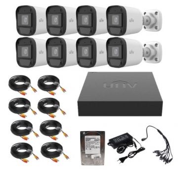 Sistem supraveghere Uniview, 8 camere, 2MP, Dual Light, IR 20m, microfon, XVR 8 canale 2MP + 2 canale IP 6MP, HDD 1TB și accesorii montaj