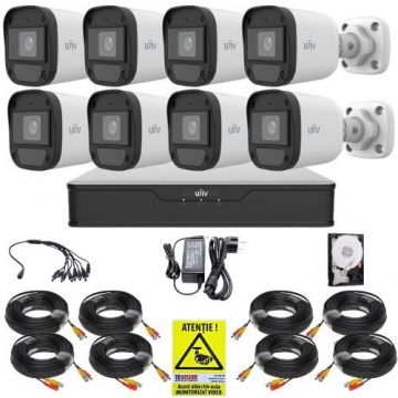 Sistem supraveghere Uniview, 8 camere 5MP 3K, Lumina Alba 20m, DVR 8 canale 5MP, Accesorii montaj, HDD 1TB, Autocolant Rovision