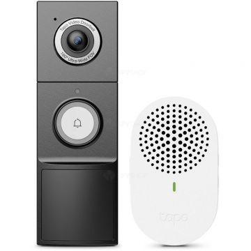 TP-LINK Camera video pentru usa TP-Link Tapo D235, Smart Home Videointerfon, WiFi, 5 MP, IR 10 m, microfon si difuzor, slot card, aparent, detectie miscare, PIR, baterie 10000 mAh