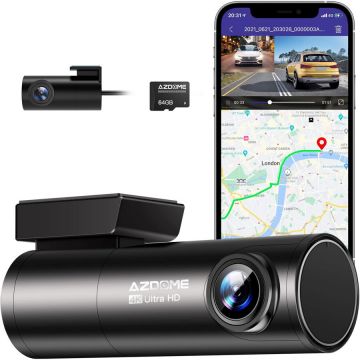 AZDOME Camera auto DVR AZDOME M300S, Dubla, 4K + 1080P, 5GHz WiFi, GPS, Unghi 170, Comanda vocala, Card 64G inclus