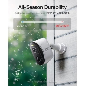 BASEUS CAMERA IP Exterior Baseus N1 +, 2K, 2304 x 1296, acumulator integrat, unghi pana la 120 grade, IP67, dist. IR 30 m, tip lentila fixa 3 mm, 3 Mpx, wireless + RJ-45, slot SD card, S0TZ002130 (timbru verde 0.8 lei)