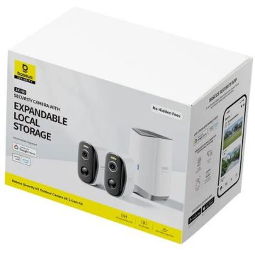 BASEUS CAMERA IP Exterior Baseus N1 +, 2K, 2304 x 1296, kit 2 camere + acumulator integrat, unghi pana la 120 grade, IP67, dist. IR 30 m, tip lentila fixa 3 mm, 3 Mpx, wireless + RJ-45, slot SD card, S0TY002131 (timbru verde 0.8 lei)