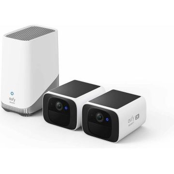 eufy Set 2 Camere de supraveghere eufy SoloCam S220 + HomeBase 3, Wireless, Panou Solar, Rezolutie 2K, 2.4 GHz Wi-Fi, IP67, Alb