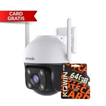 Kit camera de supraveghere de exterior Wi-Fi Tenda, Card memorie 64GB gratis, 4MP, Detectie AI, Dual-Lens 360, Audio bidirectional, IR 30m, Color noaptea, Alarma
