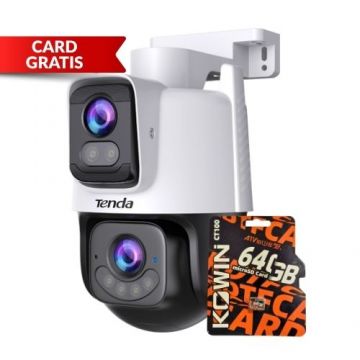 Kit camera de supraveghere Wi-Fi Tenda, Card memorie 64GB gratis, Rezolutie 3+3MP, Detectie AI, Dual-Lens, Audio bidirectional, IR 30m, Color noaptea, Alarma
