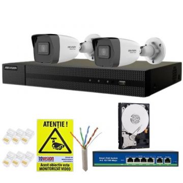 Kit supraveghere IP Hikvision HiWatch, 2 camere 4MP, Infrarosu 30m, PoE, NVR 4 canale, Hard 500GB, Switch PoE, Accesorii montaj