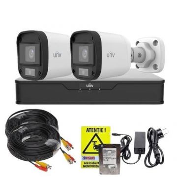 Sistem supraveghere complet 2 camere Uniview, Imagini color noaptea, 5MP 2K+, Lumina Alba 20m, DVR, Accesorii montaj, HDD 500GB