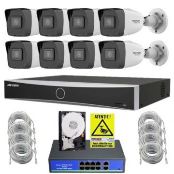 Sistem supraveghere complet Hikvision HiWatch cu functii inteligente, 8 camere 4MP, IR 30m, PoE, NVR 8 canale AcuSense, HDD 1TB, Accesorii montaj