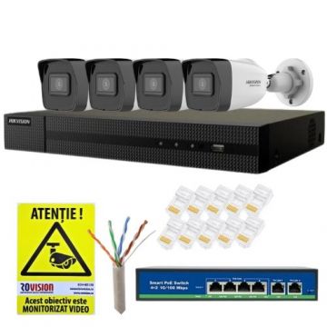 Sistem supraveghere IP Hikvision HiWatch, 4 camere 4MP, IR 30m, PoE, NVR 4 canale 8MP, Switch, Accesorii montaj