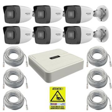 Sistem supraveghere IP HiWatch, 6 camere, 4MP, PoE, IR 30m, NVR 8 canale PoE, Accesorii montaj