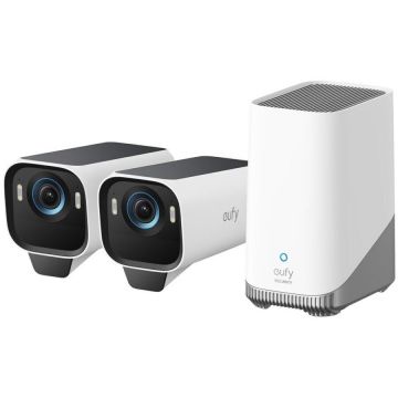 Sistem Supraveghere Video Wireless S3 Pro Format din HomeBase 3 + 2 Camere eufyCam S3 Rezolutie 4K Night Vision cu Panou Solar Incorporat Alb