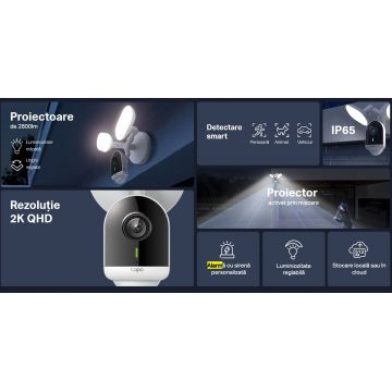 Camera cu proiectoare IP Wi-Fi Tapo C720, 2K QHD 4MP, Detectare smart, IR 30m, Alarme personalizate, IP65, Microfon, Difuzor Camera cu proiectoare IP Wi-Fi Tapo C720, 2K QHD 4MP, Detectare smart, IR 30m, Alarme personalizate, IP65, Microfon, Difuzor