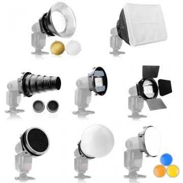 Falcon Eyes Kit modificatoare lumina pentru blitz pe patina SGA-K9 – snoot, grid, beauty dish, globe diffuser, barndoor, softbox cu montura universala Falcon Eyes Kit modificatoare lumina pentru blitz pe patina SGA-K9 – snoot, grid, beauty dish, globe diffuser, barndoor, softbox cu montura universala