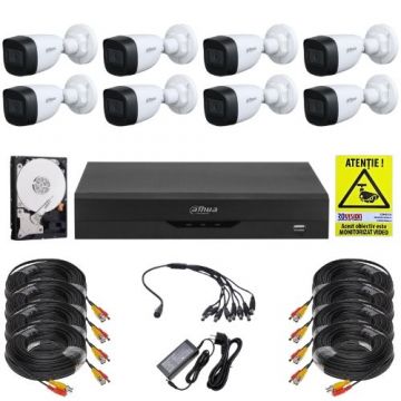 Sistem supraveghere complet Dahua, Functii inteligente, 8 camere 2MP Full HD, Infrarosu 30m, DVR WizSense 8 canale, HDD 1TB, Accesorii montaj