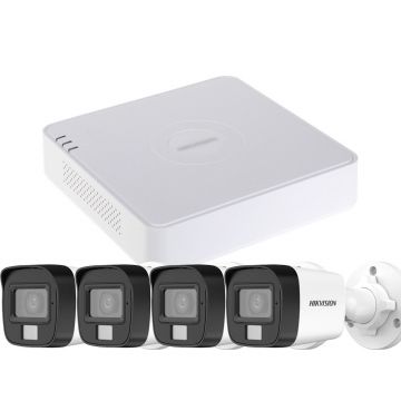 Sistem supraveghere exterior basic HikVision, 4 camere, 5 MP, IR 25 m, lumina alba 20 m, 2.8 mm, microfon