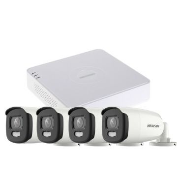 Sistem supraveghere exterior basic HikVision, 4 camere, 5 MP, lumina alba 20 m, 2.8 mm, stroboscop