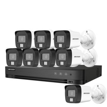 Sistem supraveghere exterior basic HikVision, 8 camere, 5 MP, IR 30 m, lumina alba 20 m, 2.8 mm, microfon