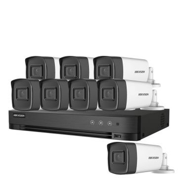 Sistem supraveghere exterior basic HikVision, 8 camere, 5 MP, IR 40 m, 2.8 mm, microfon