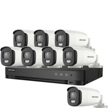 Sistem supraveghere exterior basic HikVision, 8 camere, 5 MP, lumina alba 20 m, 2.8 mm, stroboscop