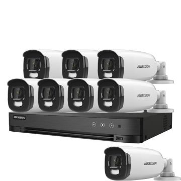 Sistem supraveghere exterior basic HikVision, 8 camere, 5 MP, lumina alba 40 m, 2.8 mm