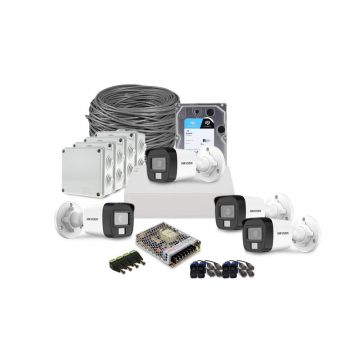 Sistem supraveghere exterior complet HikVision, 4 camere, 2 MP, IR 25 m, lumina alba 20 m, 2.8 mm, microfon, HDD 1 TB