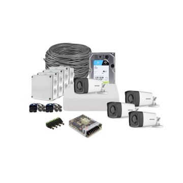 Sistem supraveghere exterior complet HikVision, 4 camere, 2 MP, IR 40 m, 2.8 mm, HDD 1 TB