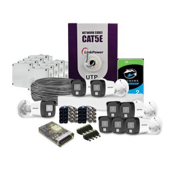 Sistem supraveghere exterior complet HikVision, 8 camere, 2 MP, IR 25 m, lumina alba 20 m, 2.8 mm, microfon, HDD 2 TB