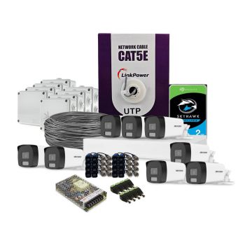 Sistem supraveghere exterior complet HikVision, 8 camere, 2 MP, IR 40 m, lumina alba 40 m, 2.8 mm, microfon, HDD 2 TB