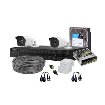 Sistem supraveghere exterior complet HikVision HiLook, 2 camere, 2 MP, 2.8 mm, IR EXIR 40 m, HDD 1 TB