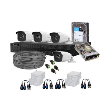 Sistem supraveghere exterior complet HikVision HiLook, 4 camere, 2 MP, 2.8 mm, IR EXIR 40 m, HDD 1 TB