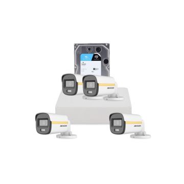 Sistem supraveghere exterior cu HDD 1 TB HikVision, 4 camere, 2 MP, 2.8 mm, IR/Lumina alba 30/20 m, PoC, microfon