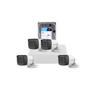 Sistem supraveghere exterior cu HDD 1 TB HikVision, 4 camere, 2 MP, IR 30 m, 2.8 mm, microfon