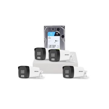 Sistem supraveghere exterior cu HDD 1 TB HikVision, 4 camere, 2 MP, IR 40 m, lumina alba 40 m, 2.8 mm, microfon