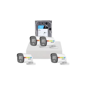 Sistem supraveghere exterior cu HDD 1 TB HikVision, 4 camere, 2 MP, lumina alba 20 m, 2.8 mm, microfon