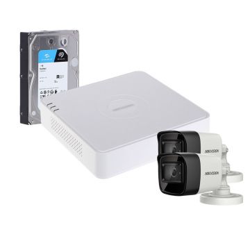 Sistem supraveghere exterior cu HDD 1TB HikVision, 2 camere, 5 MP, IR 30 m, 2.8 mm