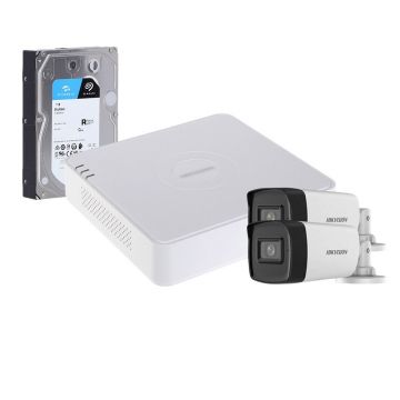 Sistem supraveghere exterior cu HDD 1TB HikVision, 2 camere, 5 MP, IR 40 m, 2.8 mm, microfon